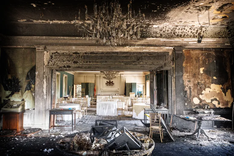 "Interior damage of Pennsylvania Governor's Mansion after arson attack"
