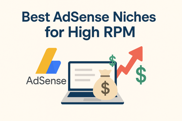 "Best AdSense Niches for High RPM 2025 with AdSense logo, money bag, and upward arrow growth on light background."