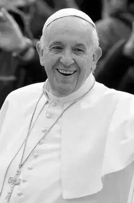 Portrait of Pope Francis in white robes at St. Peter's Basilica