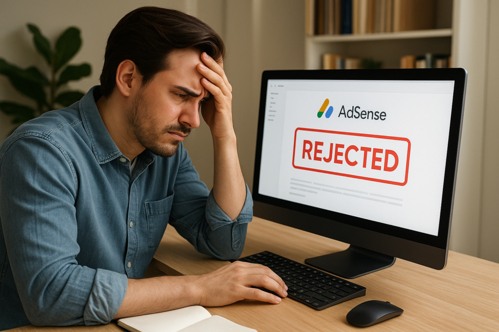 AdSense application rejected by Google, frustrated blogger checking rejection email